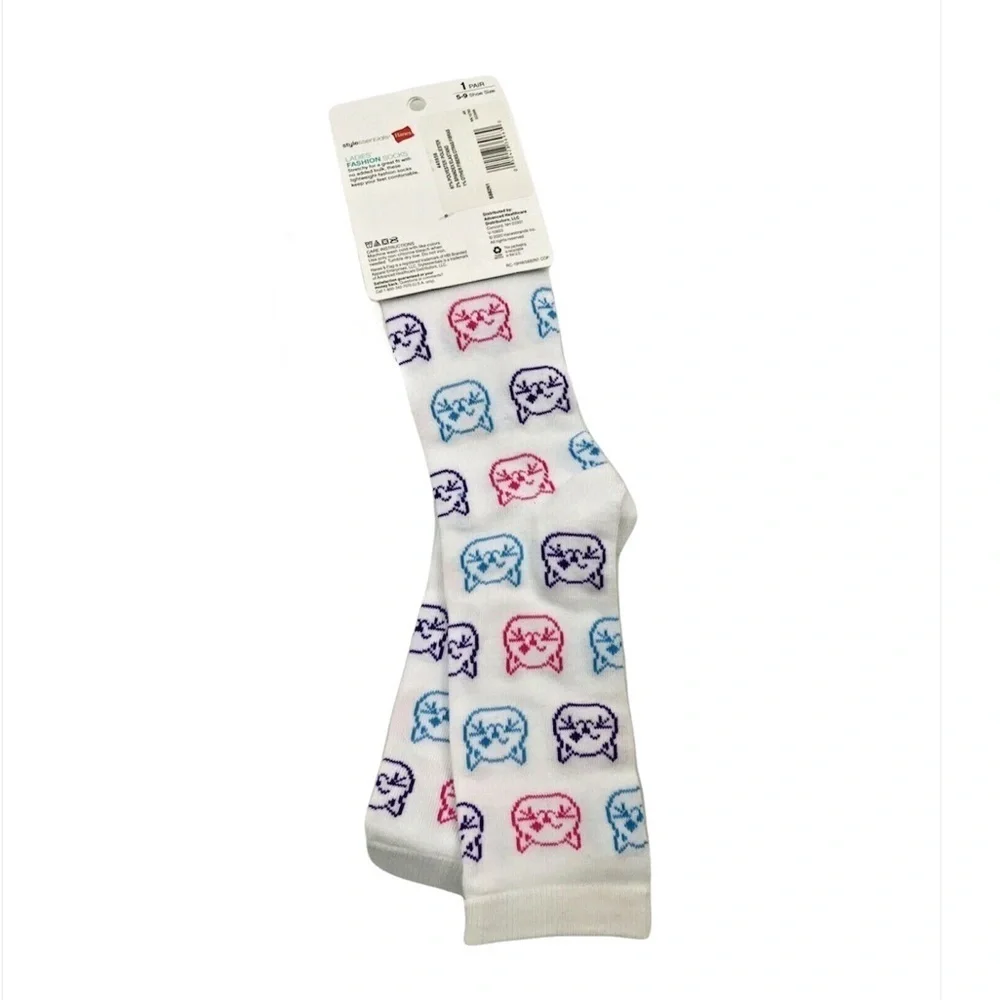 Hanes Cat Print Socks Novelty Pink Purple Blue Multicolor Womens Shoe Size 5-9